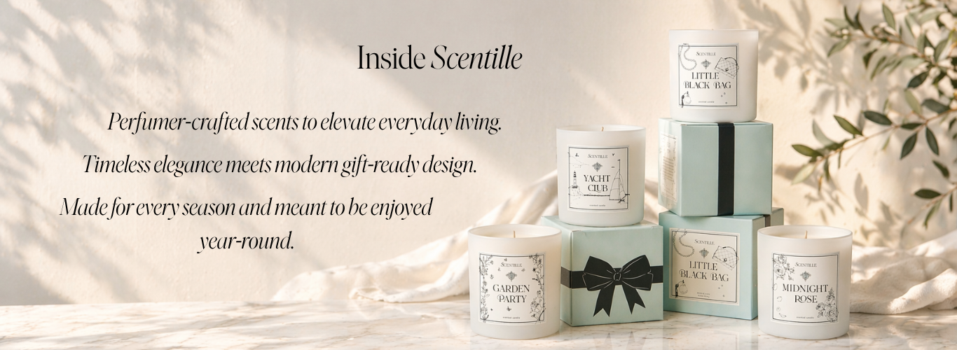 Collection of candles with decorative boxes on a light background, featuring the brand 'Inside Scentille'.