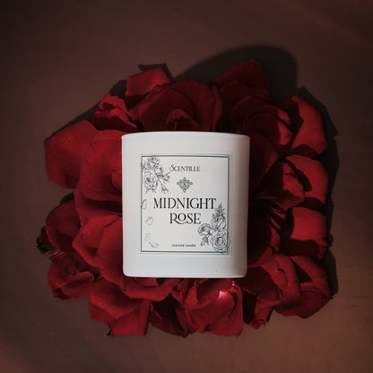 A Midnight Rose candle on rose petals