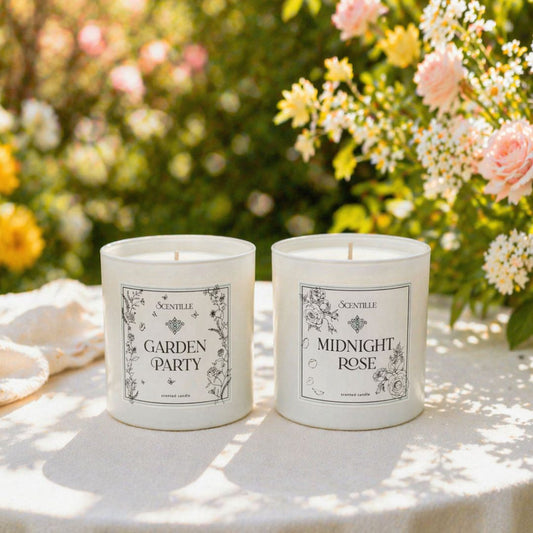 Two candles labeled 'Garden Party' and 'Midnight Rose' on a table with flowers in the background.