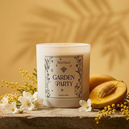 Scentille Garden Party candle with flowers and fruit on a wooden surface