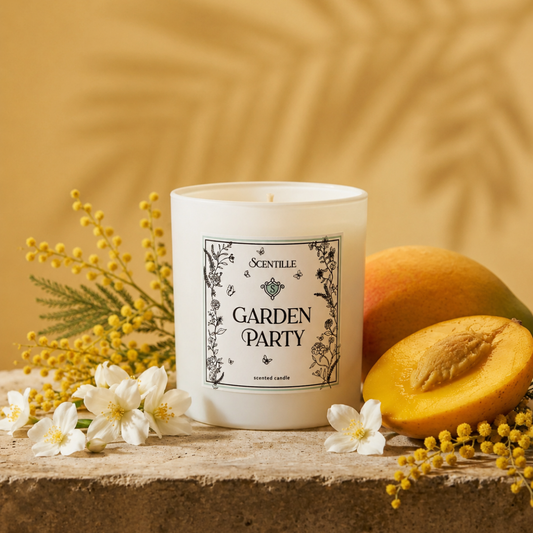 Scentille Garden Party candle with flowers and fruit on a wooden surface