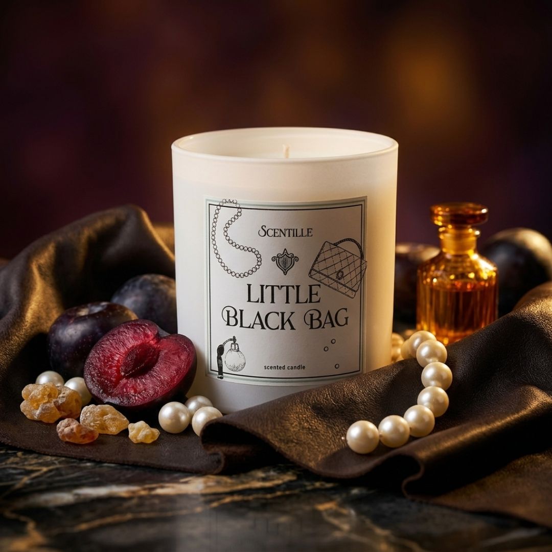 Candle labeled 'Little Black Bag' with plums, pearls, and a bottle on a dark surface