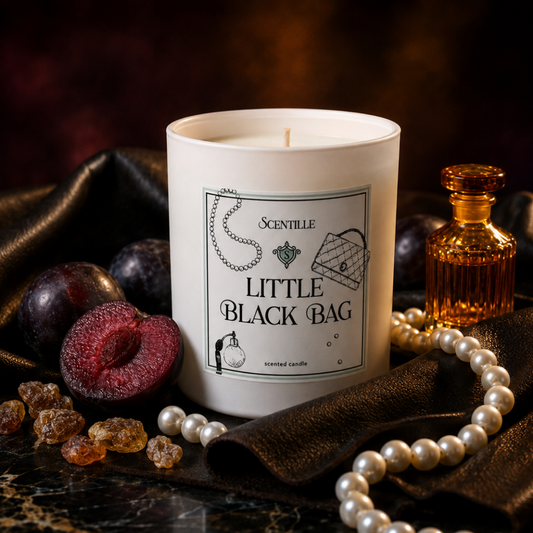 A white scented candle labeled 'Scentille Little Black Bag' is styled on a dark draped fabric surface with plums, amber stones, a pearl strand, and an amber glass bottle around it.
