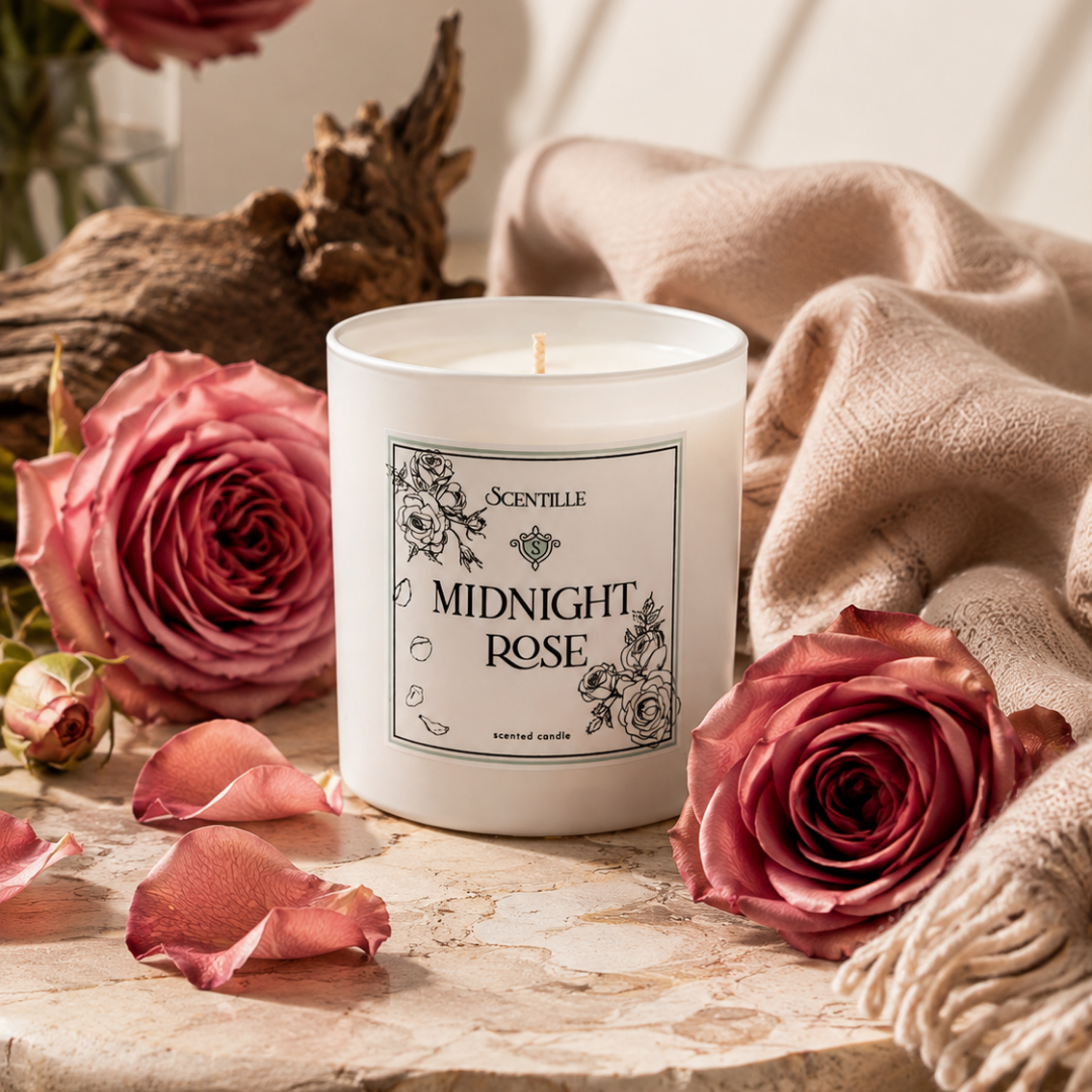 Candle labeled 'Midnight Rose' with a pink rose and decorative elements on a surface.