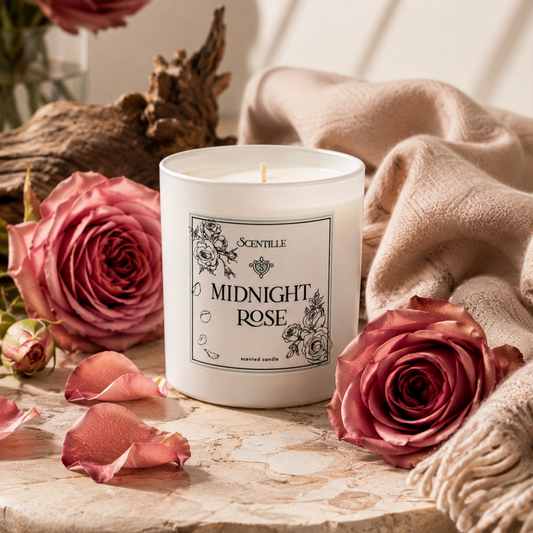 Candle labeled 'Midnight Rose' with a pink rose and decorative elements on a surface.