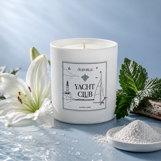 Candle labeled 'Yacht Club' on a blue background